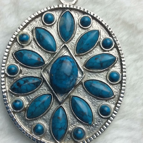 Vintage Whiting & Davis Signed Silver Tone Turquoise Pendant Necklace - Picture 6 of 7